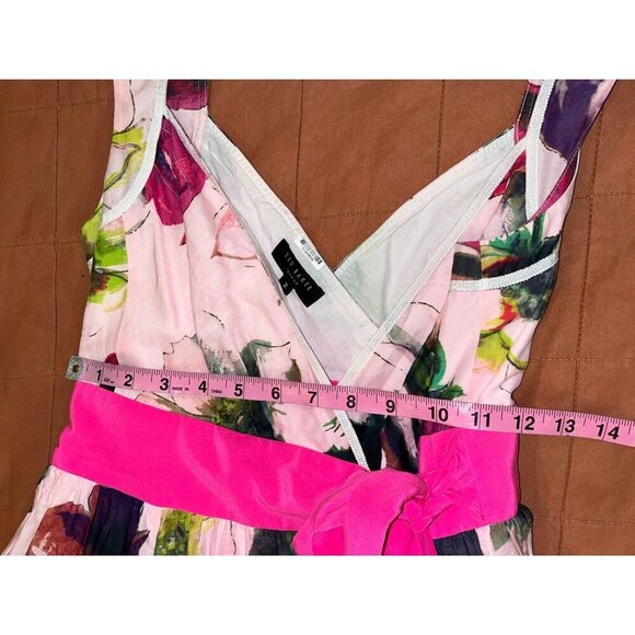 Ted Baker Pink Floral Belted Wrap-Style V-Neckline Knee Length Dress Women's Siz - Picture 5 of 9